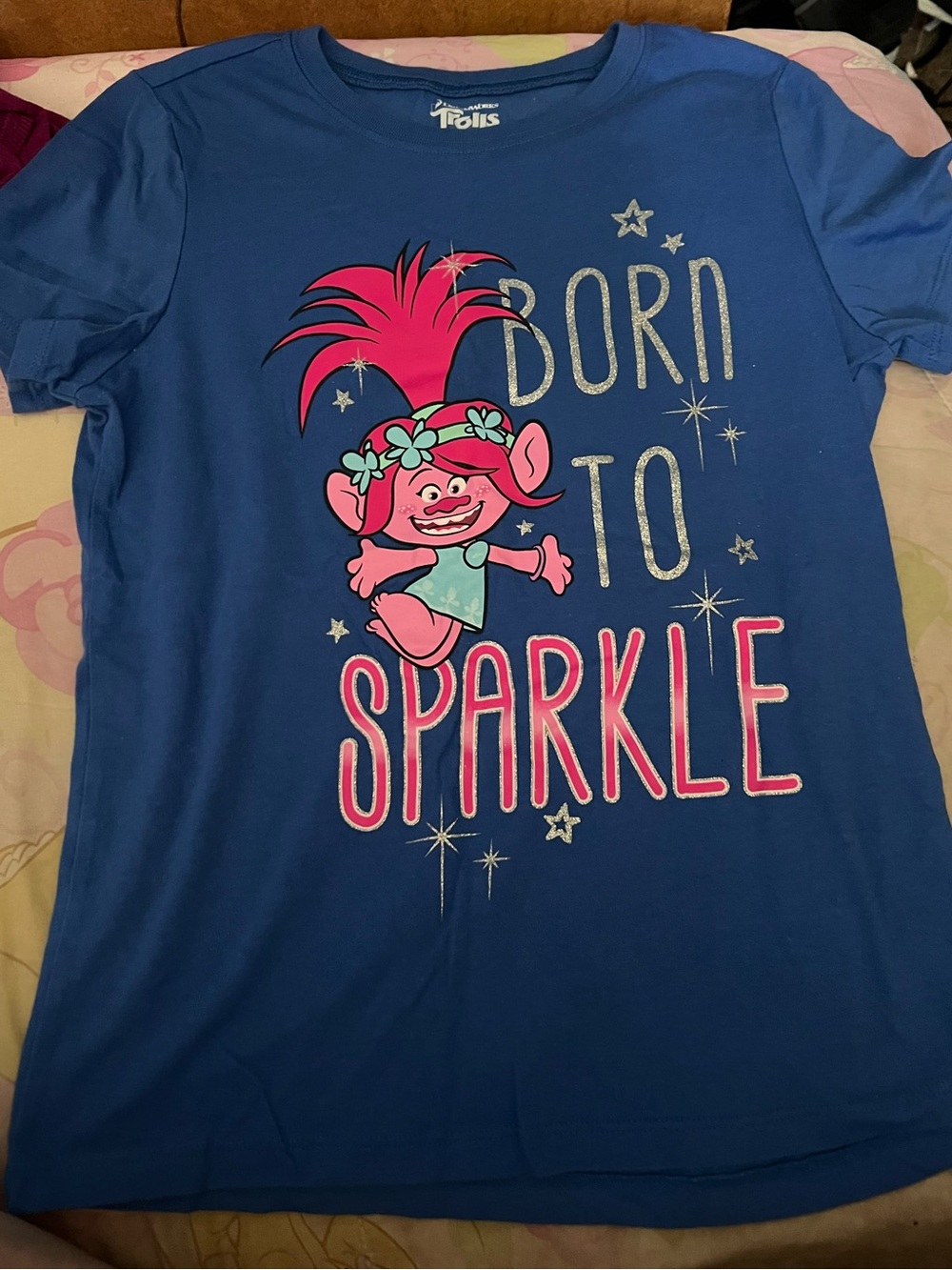 Trolls Blue Short Sleeve Tee with Pink Poppy Graphic